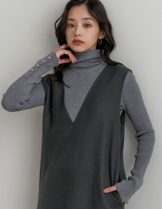 【クーポンで20%OFF ¥3,698⇒¥2,958】〖クーポンコード：SH_20_2511〗[新色追加][シンプルに着映える]袖金ボタンタートルネックリブニットトップス