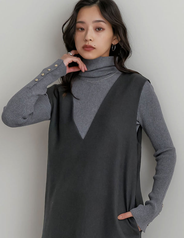 【クーポンで20%OFF ¥3,698⇒¥2,958】〖クーポンコード：SH_20_2511〗[新色追加][シンプルに着映える]袖金ボタンタートルネックリブニットトップス