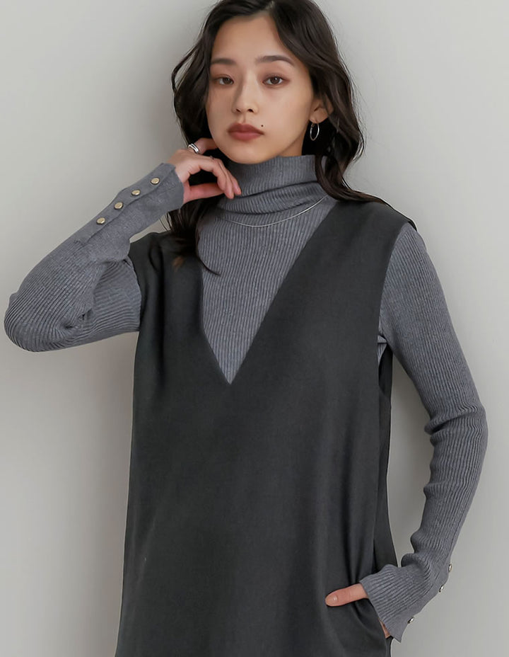 【クーポンで20%OFF ¥3,698⇒¥2,958】〖クーポンコード：SH_20_2511〗[新色追加][シンプルに着映える]袖金ボタンタートルネックリブニットトップス