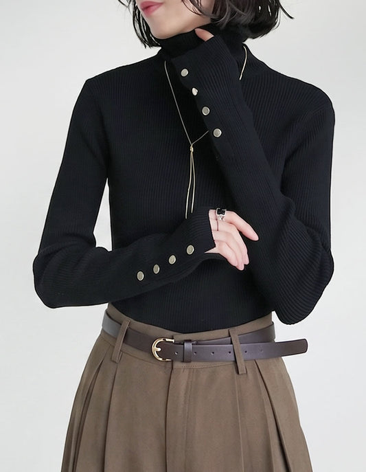 【TIME SALE 15%OFF】[新色追加][シンプルに着映える]袖金ボタンタートルネックリブニットトップス[mb]