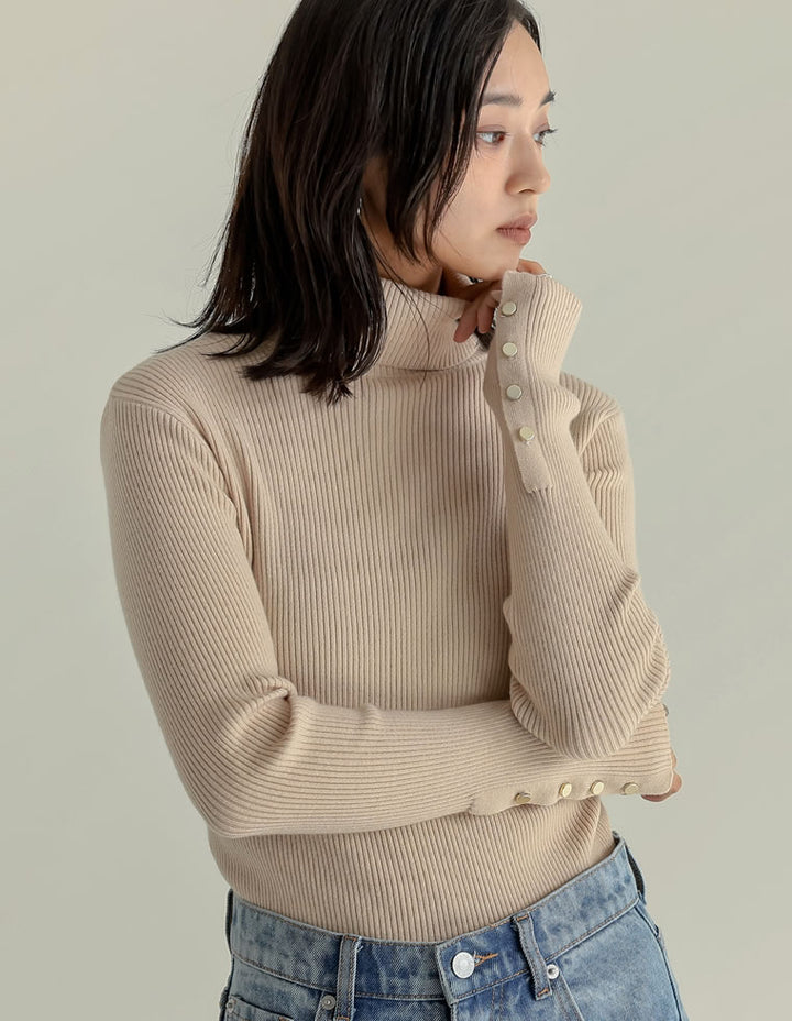 【クーポンで20%OFF ¥3,698⇒¥2,958】〖クーポンコード：SH_20_2511〗[新色追加][シンプルに着映える]袖金ボタンタートルネックリブニットトップス