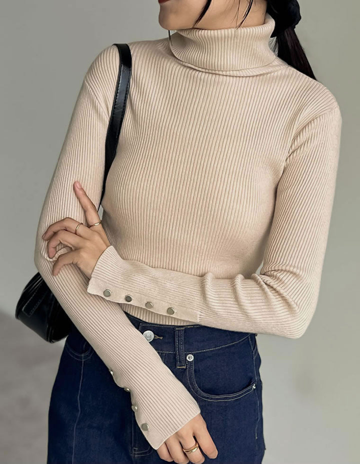 【クーポンで20%OFF ¥3,698⇒¥2,958】〖クーポンコード：SH_20_2511〗[新色追加][シンプルに着映える]袖金ボタンタートルネックリブニットトップス