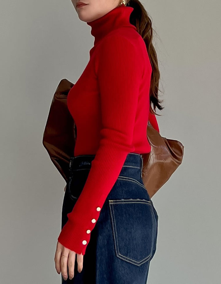 【クーポンで20%OFF ¥3,698⇒¥2,958】〖クーポンコード：SH_20_2511〗[新色追加][シンプルに着映える]袖金ボタンタートルネックリブニットトップス