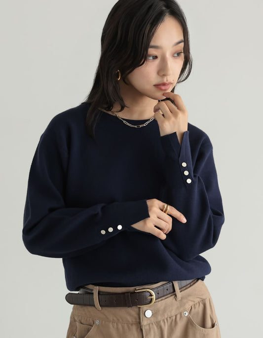 【TIME SALE 15%OFF】[新色追加][販売枚数4千枚突破]ミラノリブ袖ボタンクルーネックニットトップス[mb]