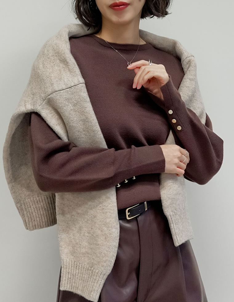 ミラノリブ袖ボタンクルーネックニットトップス - トップス通販