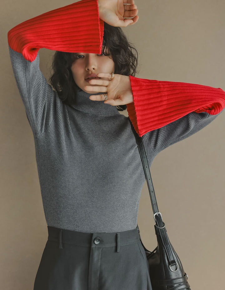 【クーポンで20%OFF￥3,498⇒￥2,798】〖クーポンコード：SH_20_2511〗[新色追加][販売枚数1.8万枚突破]選べる2TYPE配色or無地フレアスリーブリブニットトップス[mb]