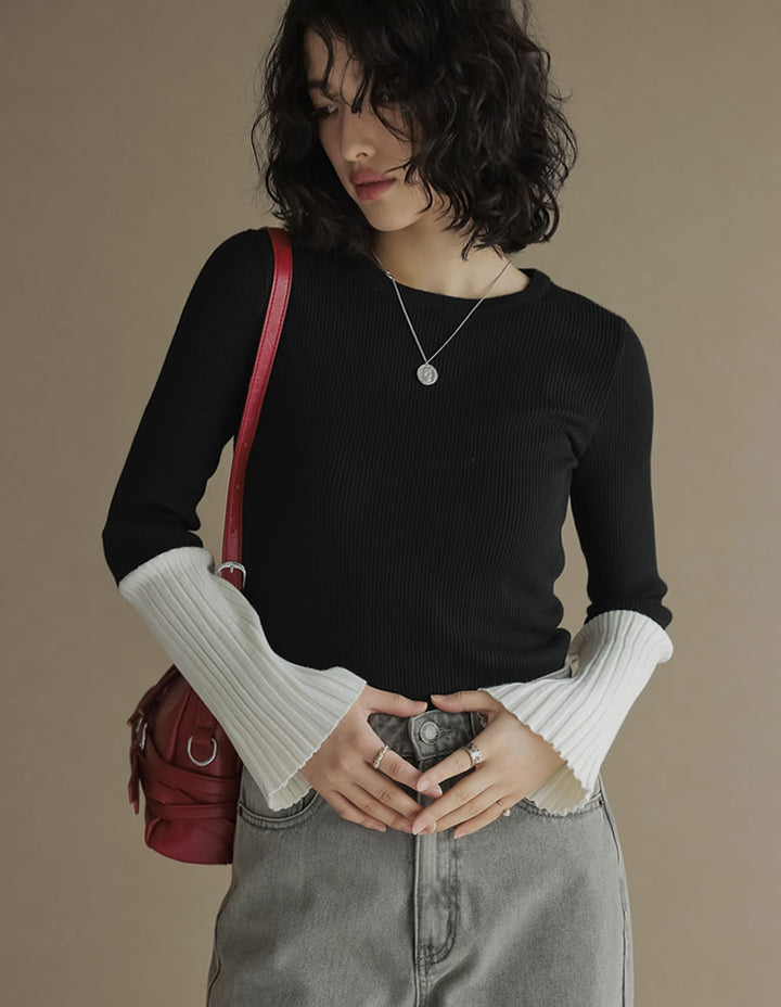 【クーポンで20%OFF￥3,498⇒￥2,798】〖クーポンコード：SH_20_2511〗[新色追加][販売枚数1.8万枚突破]選べる2TYPE配色or無地フレアスリーブリブニットトップス[mb]