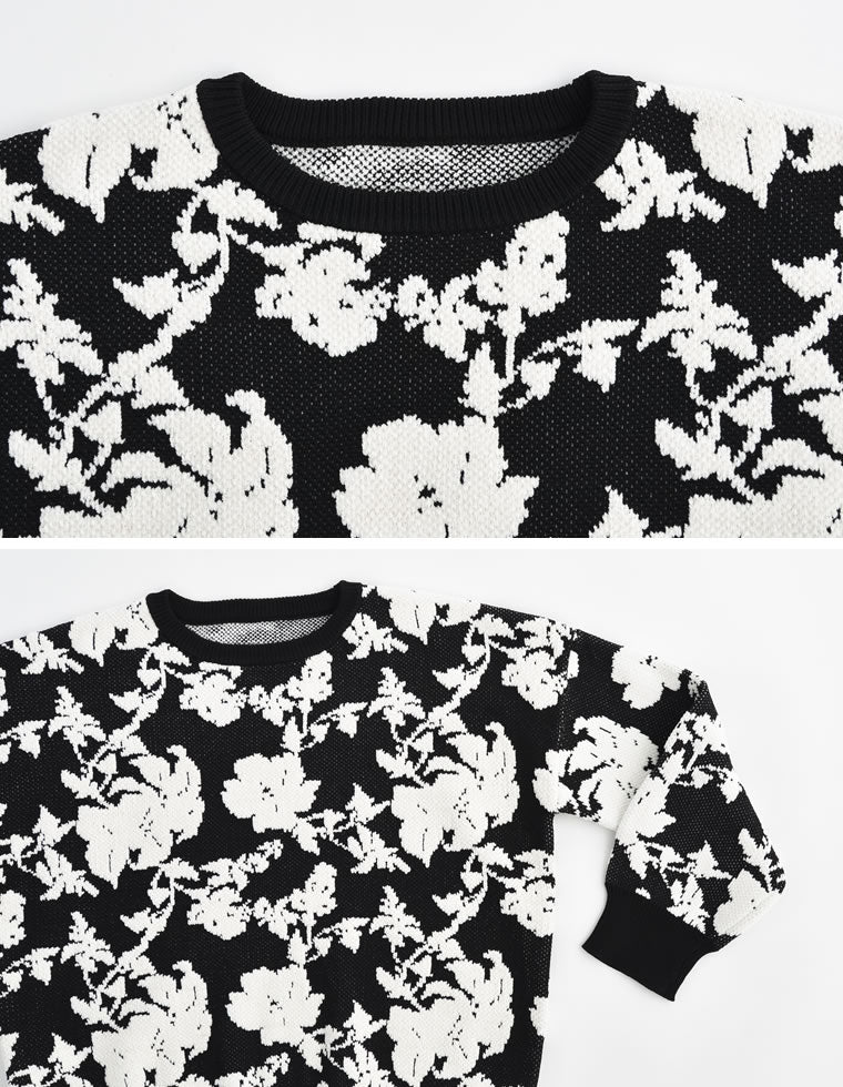 【ホワイト】フラワージャガード 7分袖 Vネック ニットTシャツ JAYRO（ジャイロ） カーディガン フラワージャガードドルマンニット