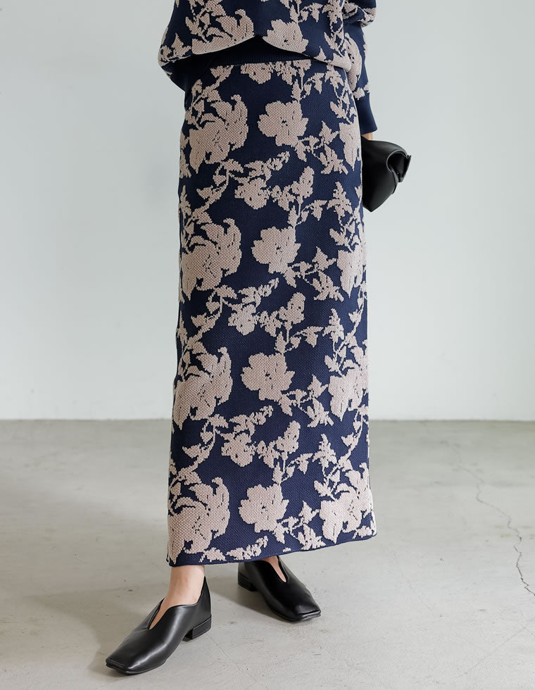 [低身長サイズ有]ジャガード編みフラワー柄ニットタイトスカート