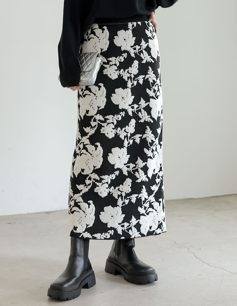 低身長サイズ有]ジャガード編みフラワー柄ニットタイトスカート