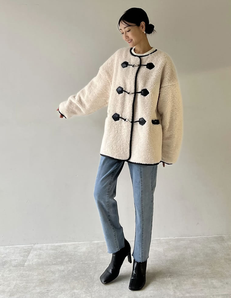 [金子麻貴さん着用][2023A/W COLLECTION][低身長サイズ有]合皮パイピングビットボアブルゾン