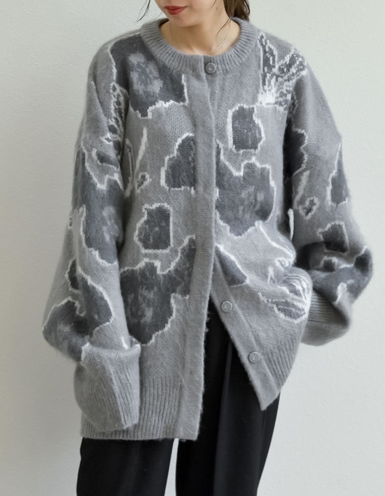 フラワー柄オーバーサイズ起毛シャギーニットカーディガン