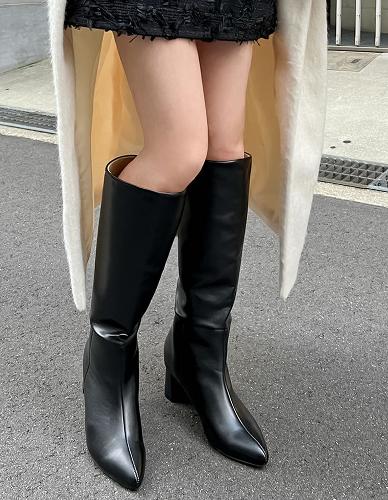 フェイクレザーポインテッドトゥヒールロングブーツ - シューズ通販