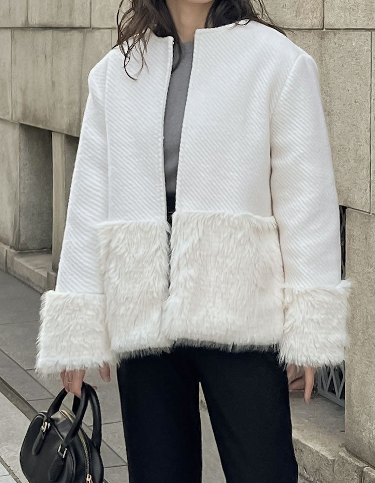 ノーカラーフェイクリングウールファー切り替えコート - ジャケット