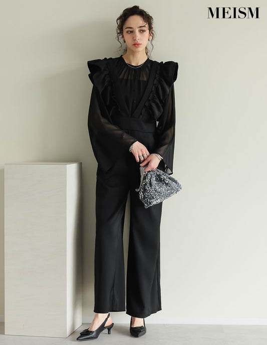 【TIME SALE 20%OFF ¥7,998⇒¥6,398】[2025SS COLLECTION][MEISM by Re:EDIT][低身長/高身長サイズ有][オケージョン セレモニー]フロッキードットor無地フリルワイドストラップサロペット オールインワン 人気レディースファッション通販 リエディ