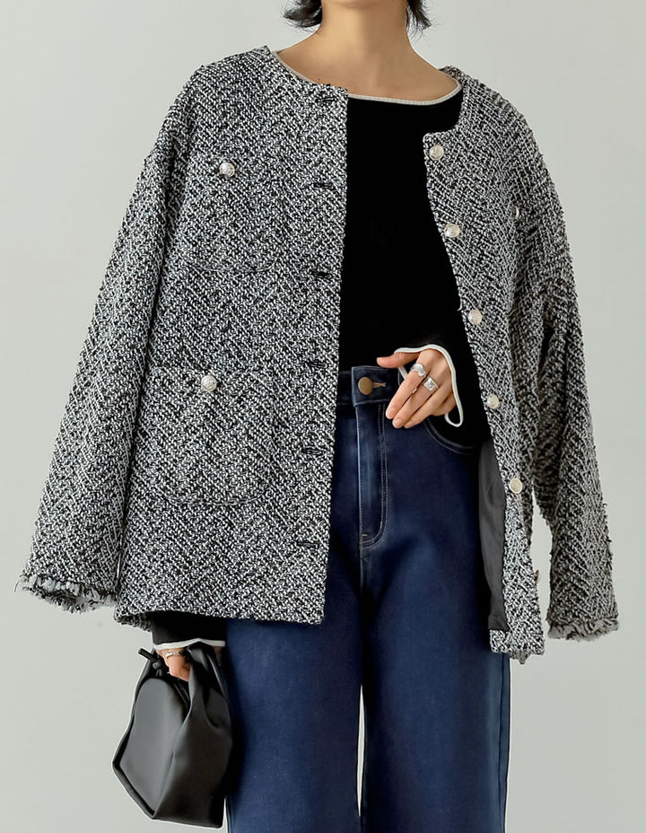 ツイードフリンジノーカラージャケット ジャケット/アウター レディースファッション通販 リエディ