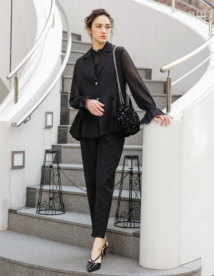 【TIME SALE 20%OFF ¥4,499⇒¥3,599】[オケージョン セレモニー][低身長/高身長/大きいサイズ有]フロッキードットカットツイルテーパードパンツ[mb] パンツ 人気レディースファッション通販 リエディ