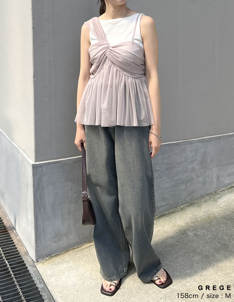 ソフトチュールアシンメトリーデザインキャミソールトップス