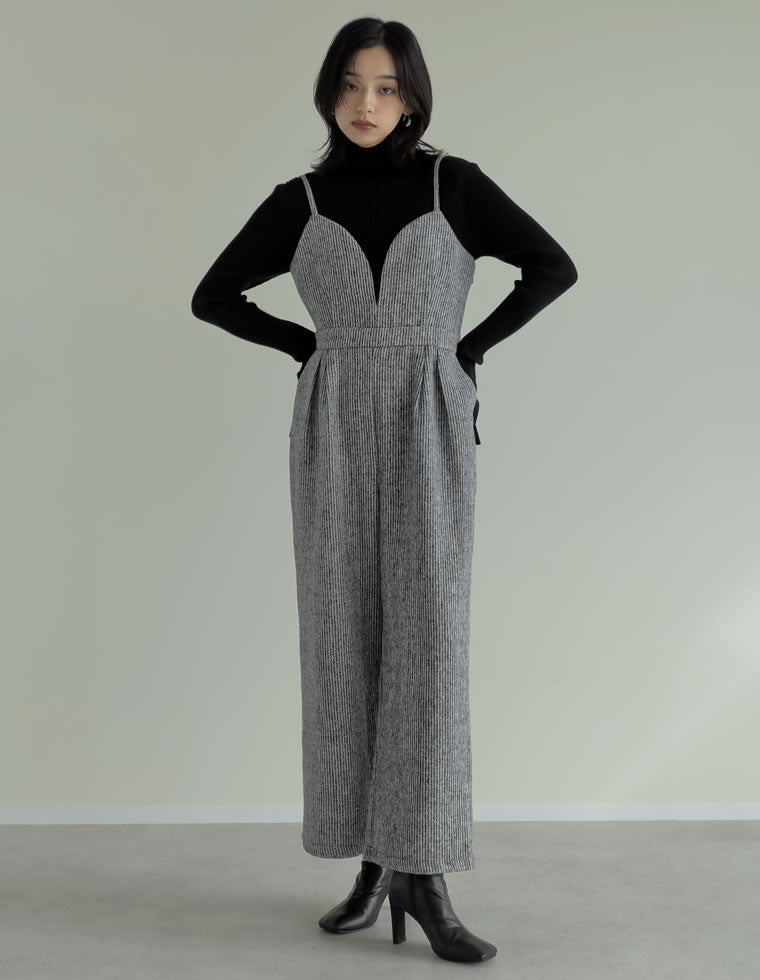 ヘリンボーンツイードハートカッティングキャミオールインワン