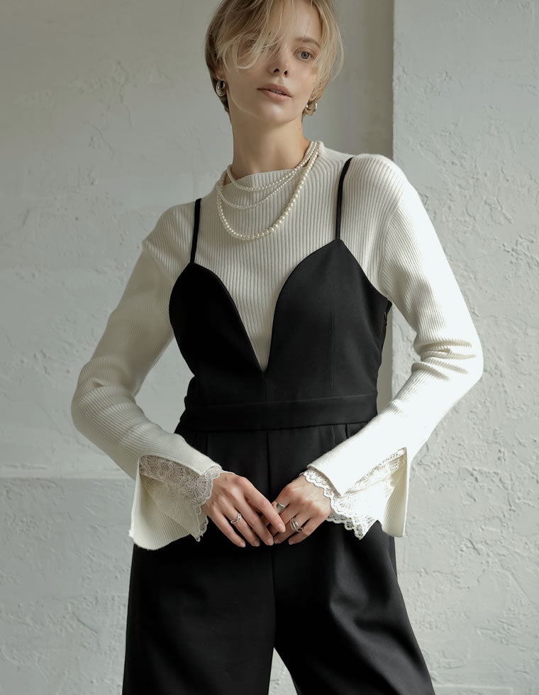 ヘリンボーンツイードハートカッティングキャミオールインワン