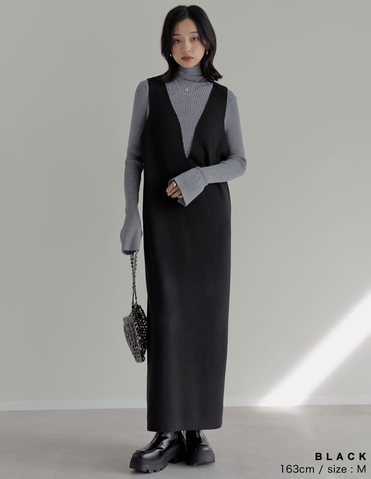 ミラノリブ変形キーネックIラインニットワンピース - ワンピース通販