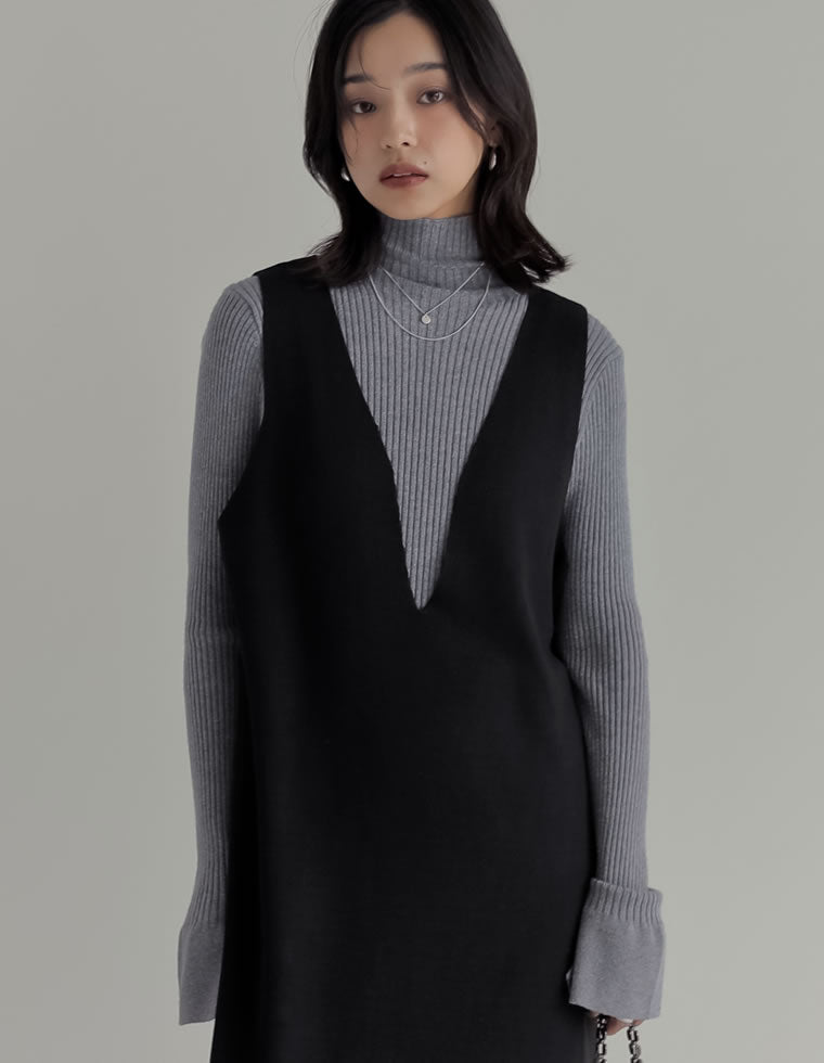 Re:EDIT 洗濯機で洗えるミラノリブ変形キーネックＩラインニットワンピース ミラノリブ変形キーネックIラインニットワンピース - ワンピース通販