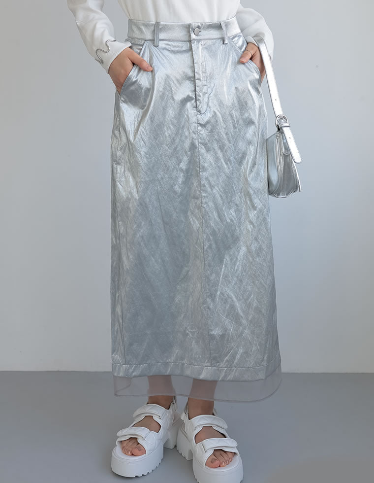 メタリックフェイクレザー×オーガンジータイトスカート - スカート通販