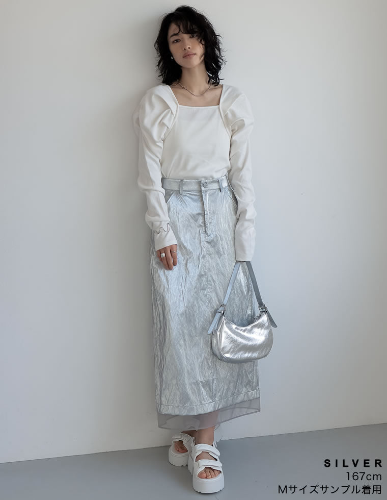 メタリックフェイクレザー×オーガンジータイトスカート - スカート通販