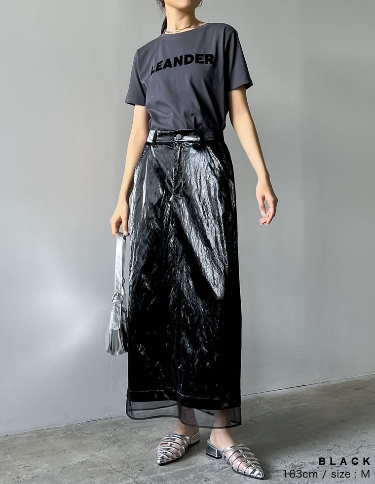 メタリックフェイクレザー×オーガンジータイトスカート - スカート通販