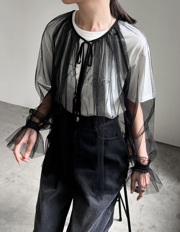 【TIME SALE 50%OFF ¥4,497⇒¥2,248】ドットor無地チュールキャンディースリーブブラウス トップス 人気レディースファッション通販 リエディ