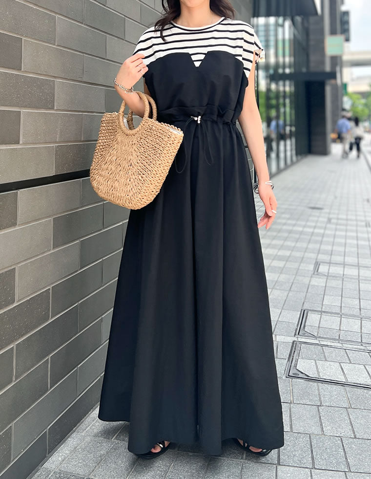 ルネ2024♡ドッキングワンピース 田中亜希子さんコラボ ]選べるネック 異素材ドッキングワンピース