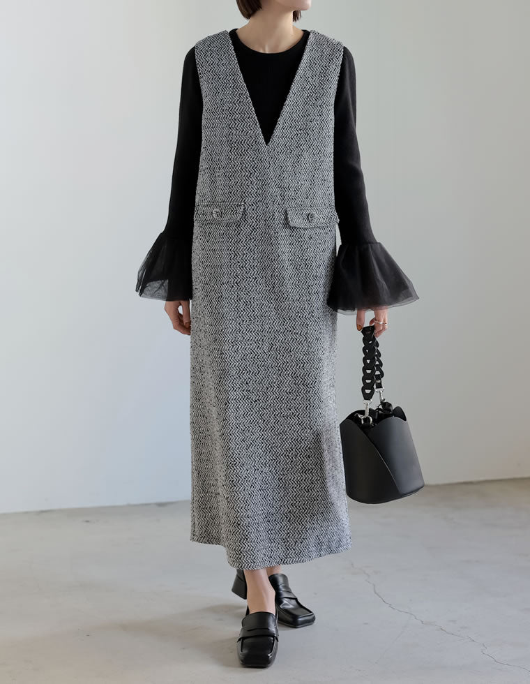 Vネックツイードジャンパースカート - ワンピース通販 | 人気