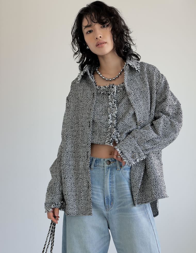 コート ジャケット ツイード フリンジ ポケット 大人カジュアル ツイード ふちフリンジ ジャケット 長袖 Liala×PG 全3色｜lpg231