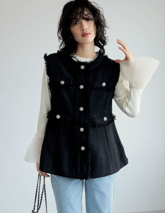 【限定TIME SALE 5%OFF ¥5,998⇒¥5,698】[入卒式 セレモニー]ツイードフリンジペプラムベスト ジャケット/アウター 人気レディースファッション通販 リエディ