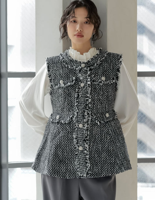 【TIME SALE 10%OFF】[入卒式 セレモニー]ツイードフリンジペプラムベスト ジャケット/アウター 人気レディースファッション通販 リエディ