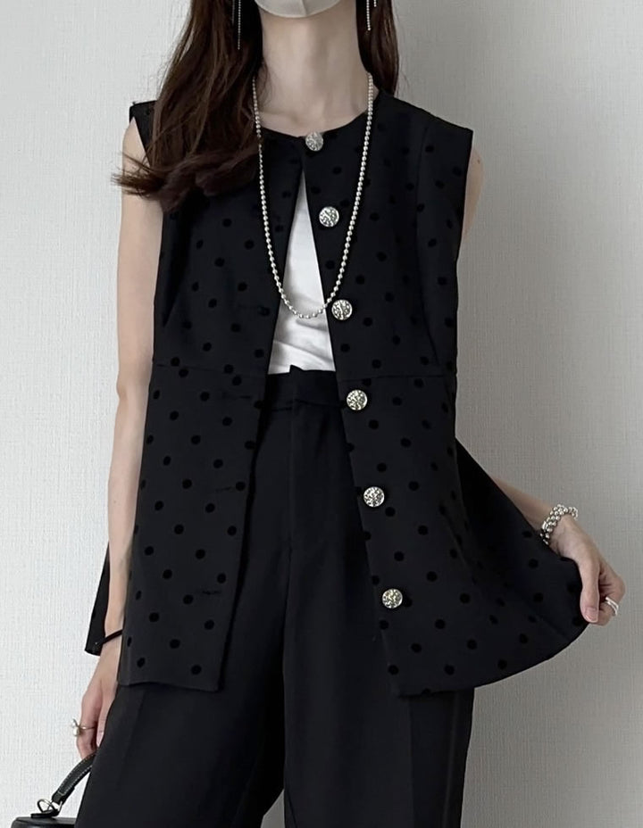 【TIME SALE 10%OFF ¥4,998⇒¥4,498】[mau×Re:EDIT][mauコラボ][オケージョン セレモニー]ドットor無地カットツイルペプラムベスト ジャケット/アウター 人気レディースファッション通販 リエディ