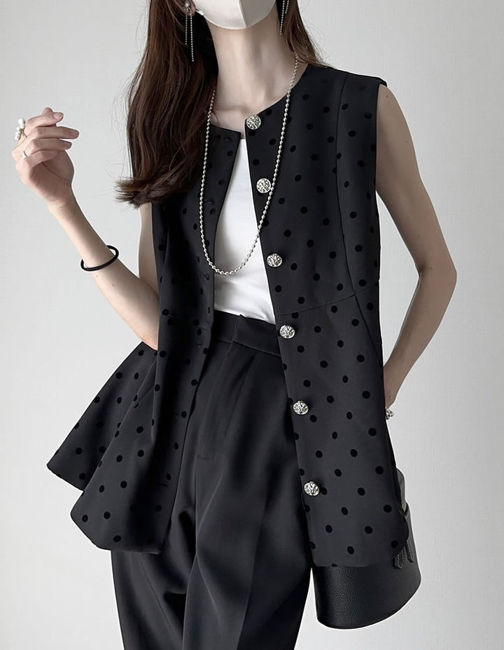 【TIME SALE 10%OFF ¥4,998⇒¥4,498】[mau×Re:EDIT][mauコラボ][オケージョン セレモニー]ドットor無地カットツイルペプラムベスト ジャケット/アウター 人気レディースファッション通販 リエディ