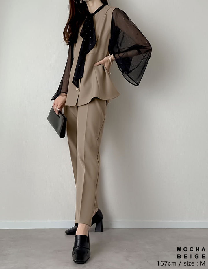 【TIME SALE 10%OFF ¥4,998⇒¥4,498】[mau×Re:EDIT][mauコラボ][オケージョン セレモニー]ドットor無地カットツイルペプラムベスト ジャケット/アウター 人気レディースファッション通販 リエディ