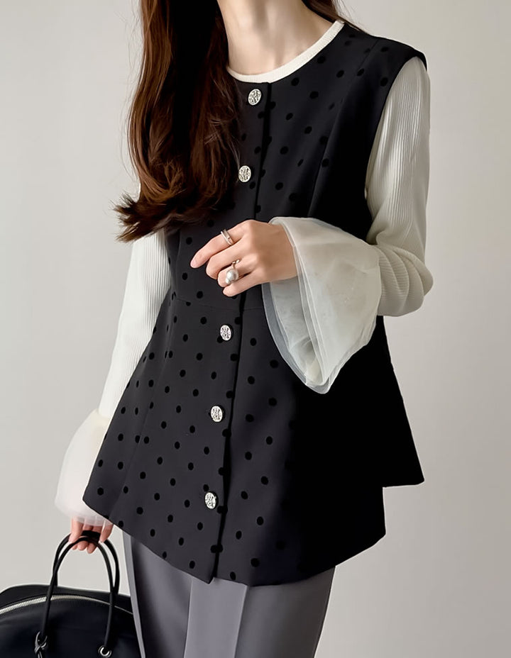 【TIME SALE 10%OFF ¥4,998⇒¥4,498】[mau×Re:EDIT][mauコラボ][オケージョン セレモニー]ドットor無地カットツイルペプラムベスト ジャケット/アウター 人気レディースファッション通販 リエディ