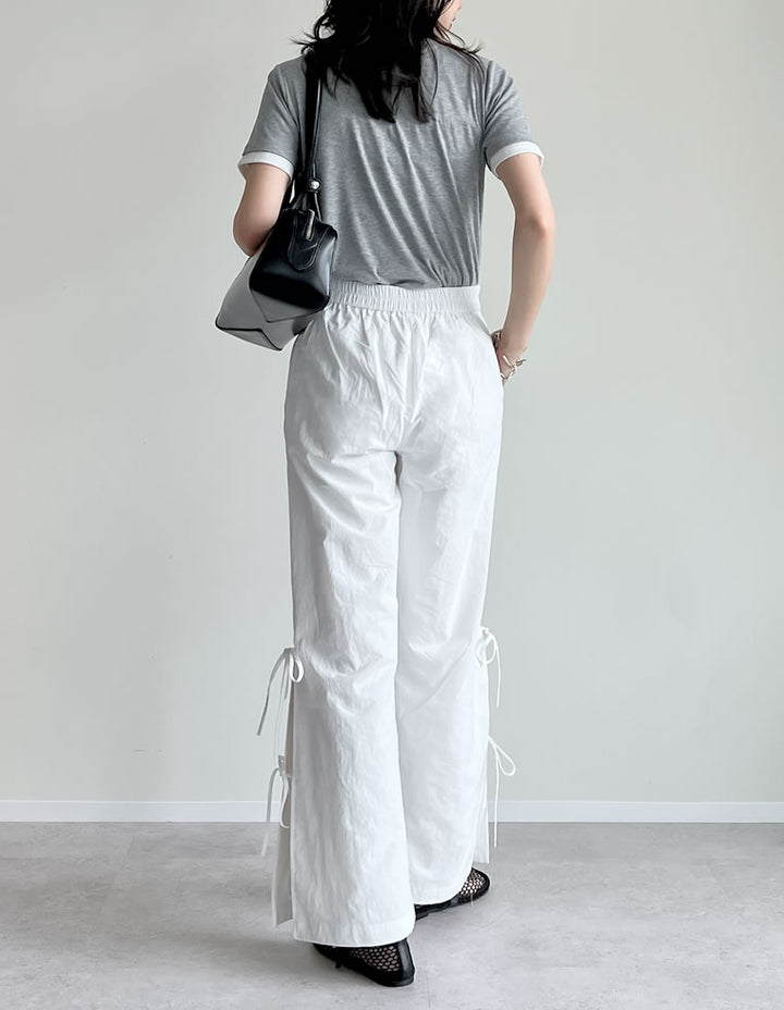 【TIME SALE 30%OFF ¥4,998⇒¥3,498】[低身長/高身長サイズ有]ナイロンサイドリボンパンツ パンツ 人気レディースファッション通販 リエディ