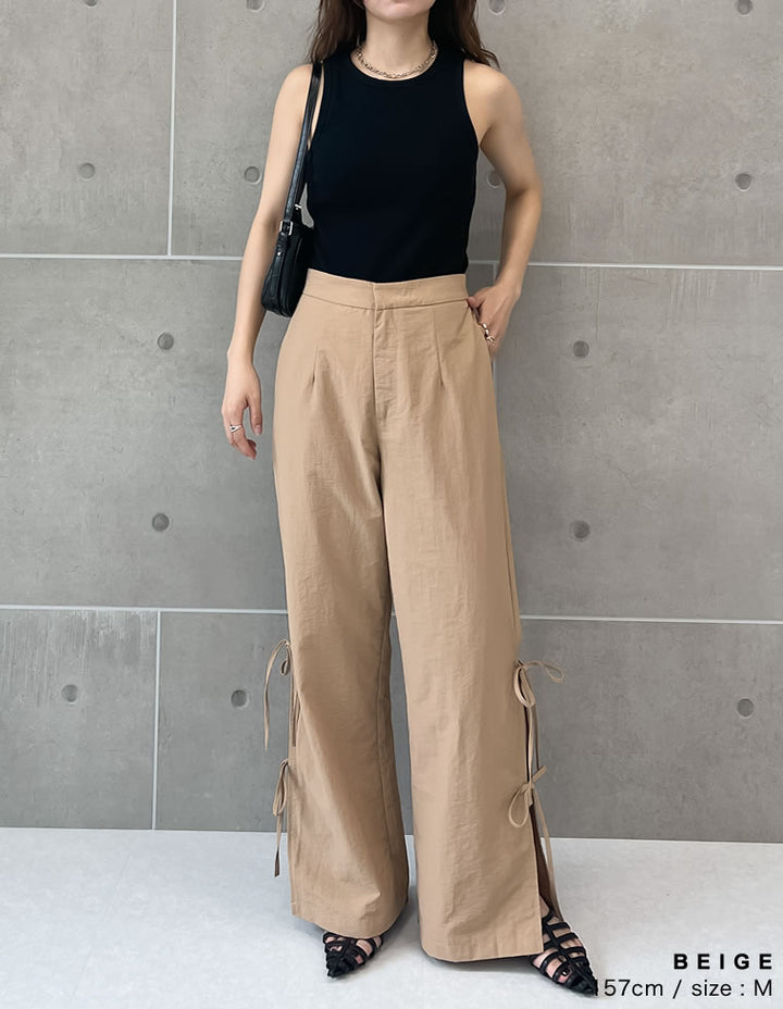 【TIME SALE 30%OFF ¥4,998⇒¥3,498】[低身長/高身長サイズ有]ナイロンサイドリボンパンツ パンツ 人気レディースファッション通販 リエディ