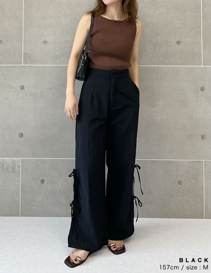 【TIME SALE 30%OFF ¥4,998⇒¥3,498】[低身長/高身長サイズ有]ナイロンサイドリボンパンツ パンツ 人気レディースファッション通販 リエディ