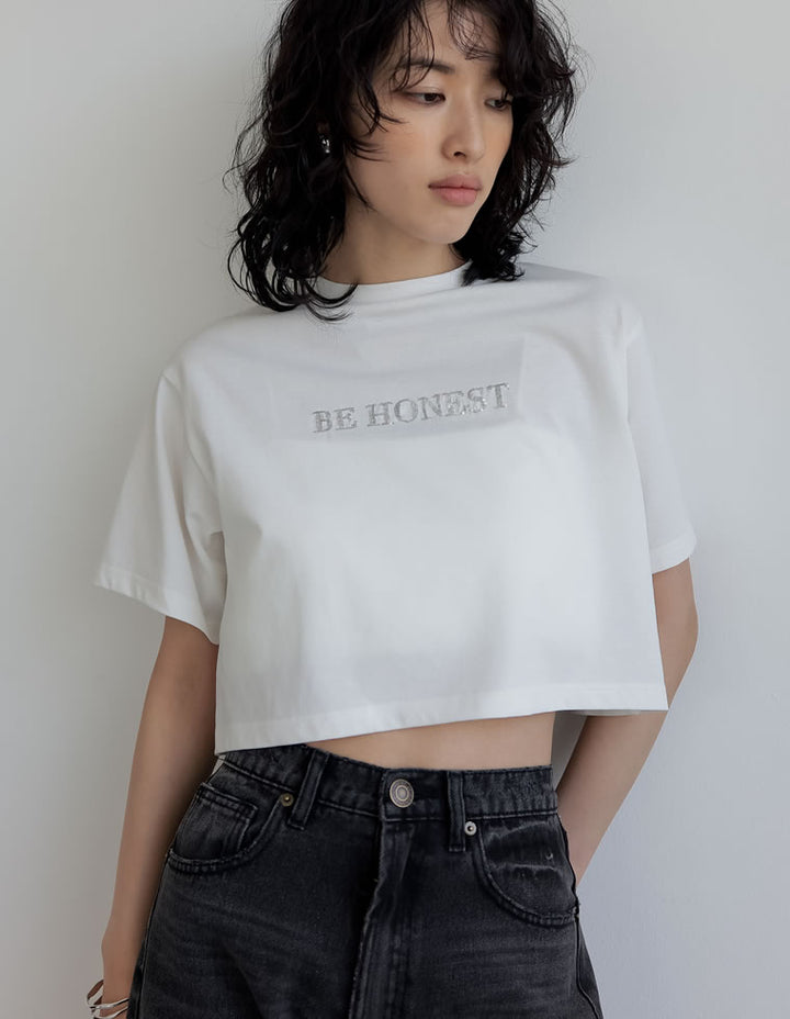 【TIME SALE 20%OFF ¥2,499⇒¥1,999】[着た瞬間ひんやり][接触冷感][UVカット]クロップド丈スパンコールロゴTシャツ[mb] トップス 人気レディースファッション通販 リエディ