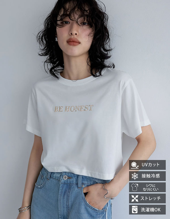 【TIME SALE 20%OFF ¥2,499⇒¥1,999】[着た瞬間ひんやり][接触冷感][UVカット]クロップド丈スパンコールロゴTシャツ[mb] トップス 人気レディースファッション通販 リエディ