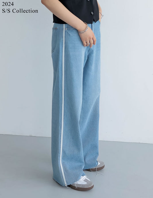 【限定TIME SALE 5%OFF ¥4,298⇒¥4,083】[2024SSCOLLECTION][低身長/高身長サイズ有]コットンデニムサイドラインワイドストレートパンツ パンツ 人気レディースファッション通販 リエディ