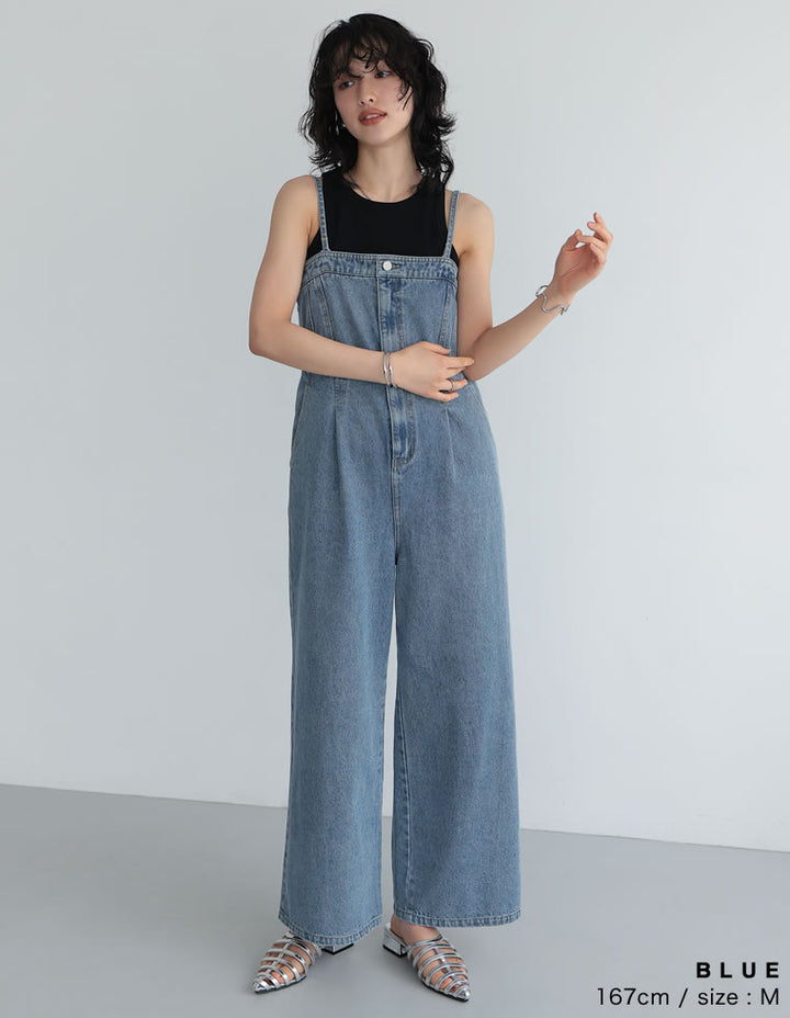 【TIME SALE 10%OFF ¥6,999⇒¥6,299】[低身長/高身長サイズ有][着痩せ＆脚長効果]コットンデニムベアオールインワン オールインワン 人気レディースファッション通販 リエディ