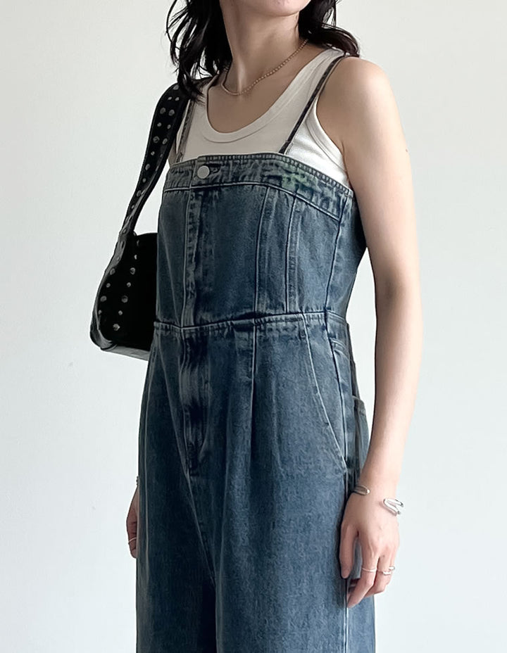 【TIME SALE 10%OFF ¥6,999⇒¥6,299】[低身長/高身長サイズ有][着痩せ＆脚長効果]コットンデニムベアオールインワン オールインワン 人気レディースファッション通販 リエディ
