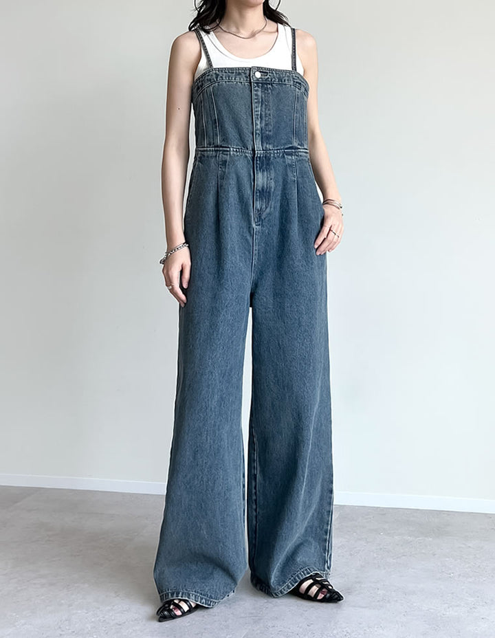 【TIME SALE 10%OFF ¥6,999⇒¥6,299】[低身長/高身長サイズ有][着痩せ＆脚長効果]コットンデニムベアオールインワン オールインワン 人気レディースファッション通販 リエディ