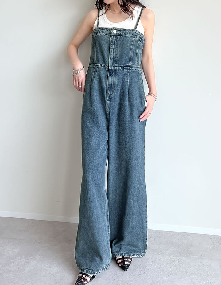 【TIME SALE 10%OFF ¥6,999⇒¥6,299】[低身長/高身長サイズ有][着痩せ＆脚長効果]コットンデニムベアオールインワン オールインワン 人気レディースファッション通販 リエディ