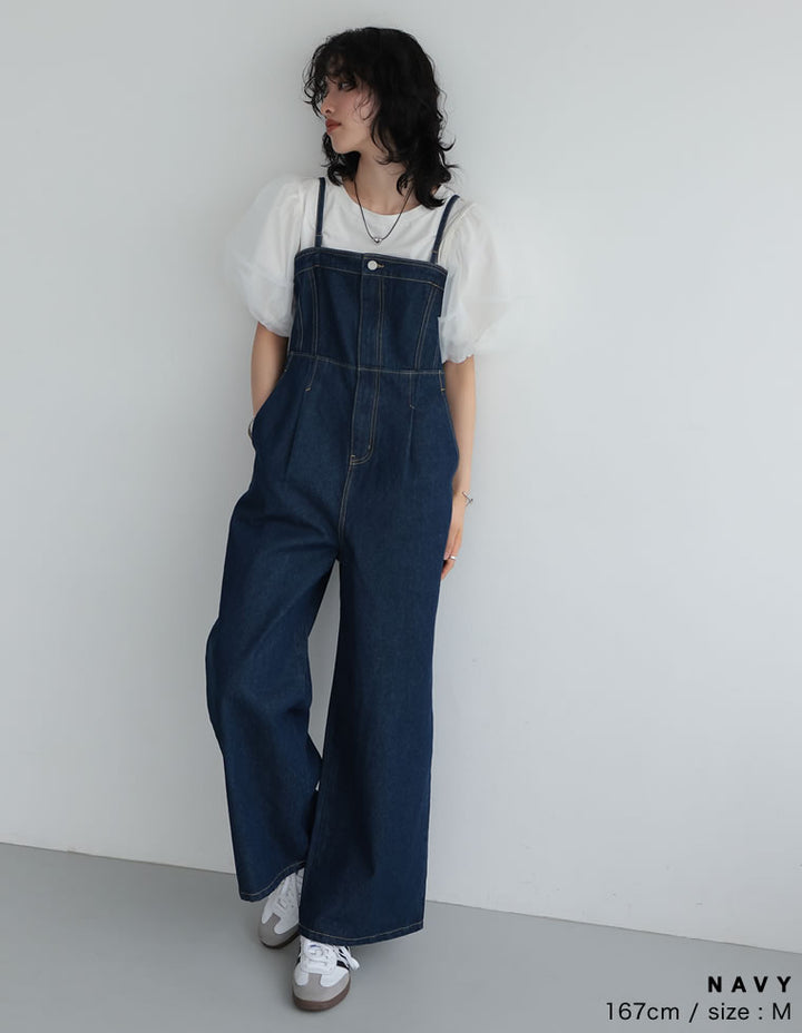 【TIME SALE 10%OFF ¥6,999⇒¥6,299】[低身長/高身長サイズ有][着痩せ＆脚長効果]コットンデニムベアオールインワン オールインワン 人気レディースファッション通販 リエディ